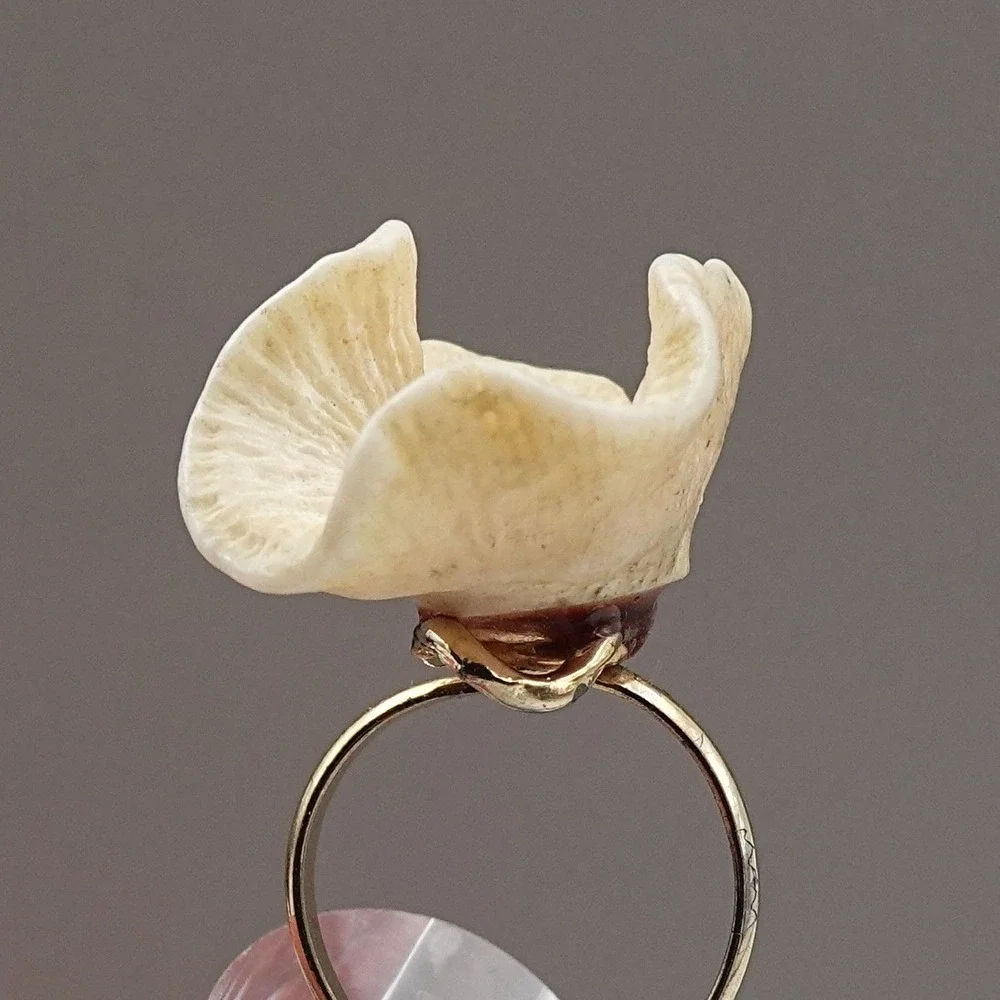 Vintage Natural Mushroom Coral Ring Gold Tone Organic Statement Ring Size 7